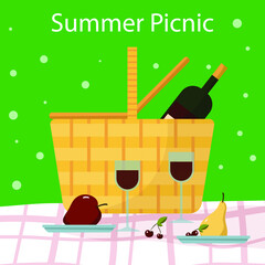 Summer picnic in the park. Picnic basket with wine on a tablecloth on the grass and wineglass, apple, cherry, pear. Poster or banner. 
