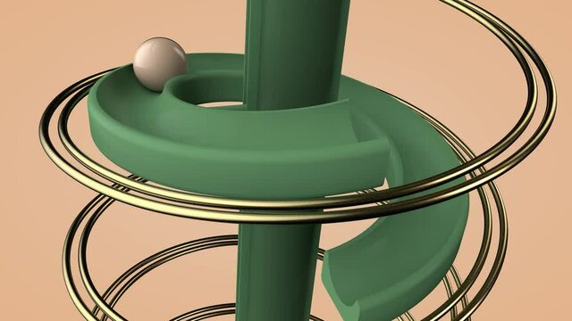 Loop 3d animation of a green spiral aqueduct on which a golden sphere rolls. Motion design, abstract background, desktop screensaver.