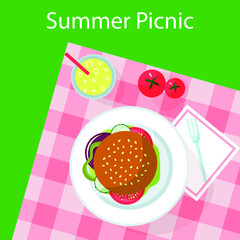Summer picnic in the park. Burger on a plate on a tablecloth on the grass and lemonade, fork.  Poster or banner. Concept landing page, web page design for website, template