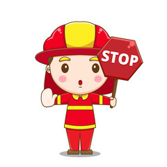 Cartoon illustration of cute fire fighter character holding stop sign.
