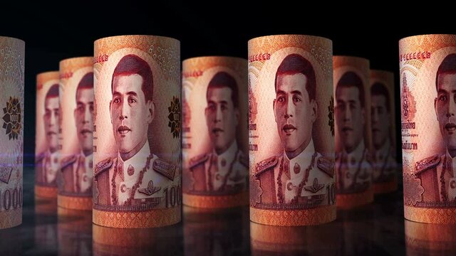 Thai Baht money rolls loop 3d animation. Camera moving in front of the THB rolling banknotes. Seamless loopable concept of economy, finance, cash, business and debt in Thailand.