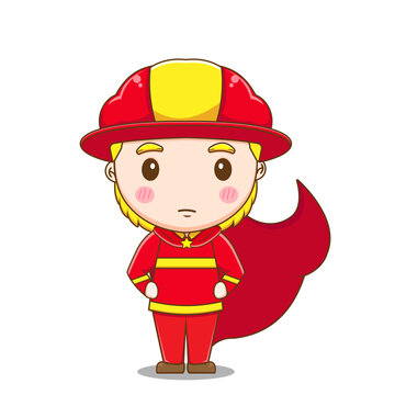 Cartoon illustration of cute fire fighter character with cloak as super hero.