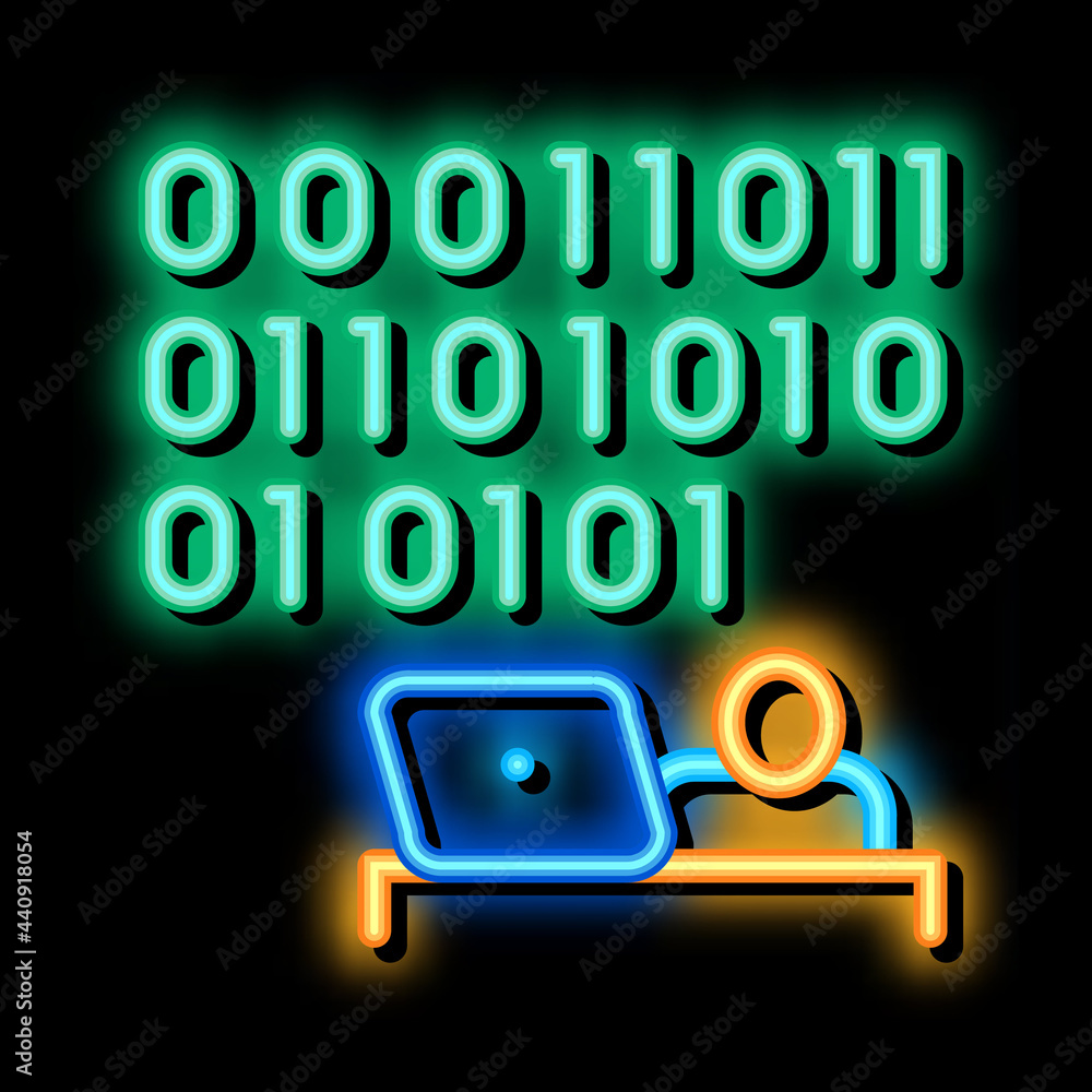 Poster people come up with binary code neon light sign vector. glowing bright icon people come up with bina