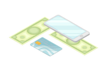 Dollar Banknote with Smartphone and Credit Card as Financial Accounting and Summary Isometric Vector Composition