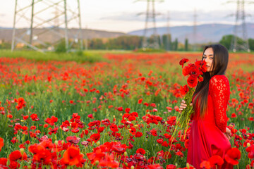 Young brunette woman with long groomed hair in red dress enjoy a poppy field