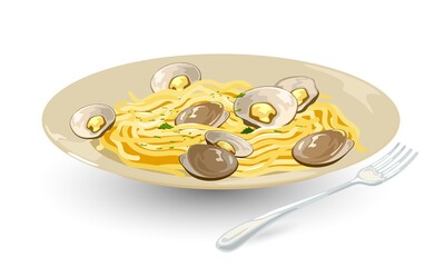 Cartoon of delicious alle vongole pasta, type of italian pasta with added whole seafood, cheese and greenery. Vector of restaurant spaghetti dinner. Idea of cooking and food isolated on white
