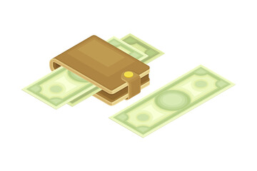Wallet with Dollar Banknote as Financial Accounting and Summary Isometric Vector Composition