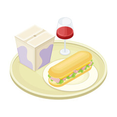 Tray with Sandwich on Plate and Beverage in Glass from Food Court as Self-serve Dinner Isometric Vector Illustration