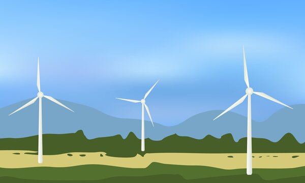 Wind turbines, ecological power generators, standing on the green camp with distant mountains.