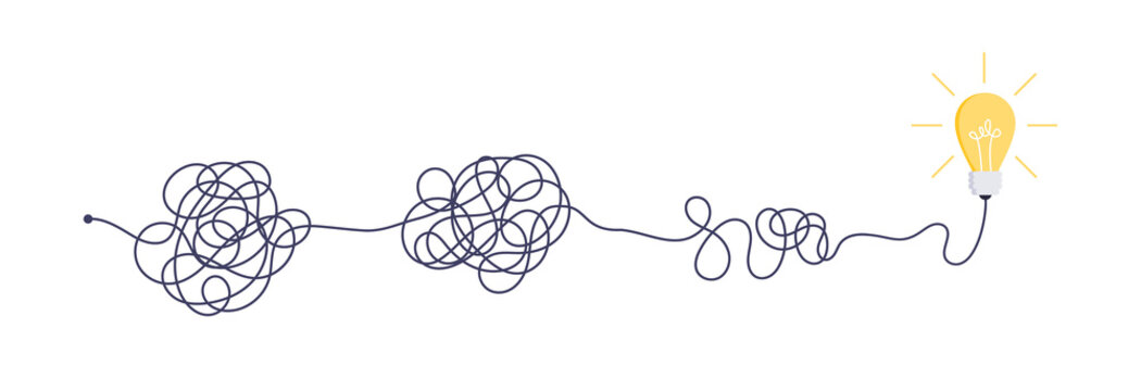 Complex easy simple way from start to idea. Chaos simplifying, problem solving and business solutions idea searching concept vector illustration.
