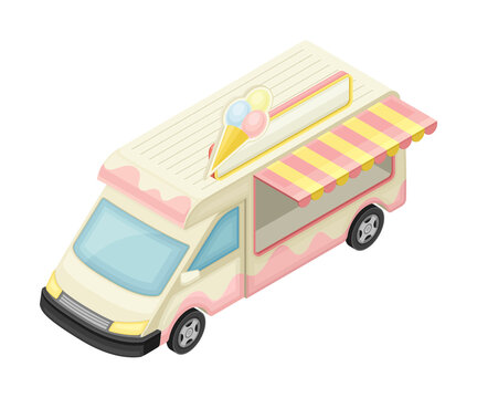 Van as Outdoor Food Court or Food Vendor Selling Ice Cream Isometric Vector Illustration