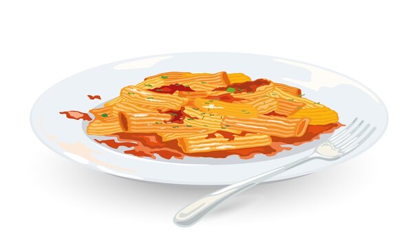 Cartoon of penne pasta with spicy arrabbiata sauce on plate. Vector boiled macaroni with tomato topping. Concept of amatriciana, italian traditional cuisine, food, restaurant meal isolated on white