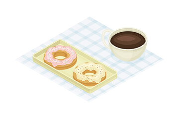 Tray with Doughnut and Coffee from Food Court as Self-serve Dinner Isometric Vector Illustration