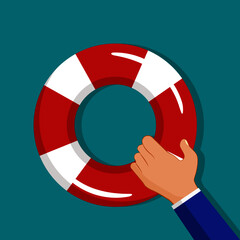 Hand holding a lifebuoy. A symbol of help or support for survival. vector illustration