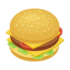 Hamburger as Sandwich with Cooked Patty Inside Sliced Bun Isometric Vector Illustration