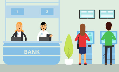 Bank Customer and Staff Serving Clients Vector Illustration