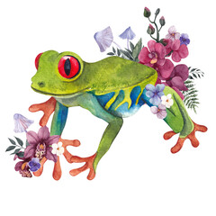 Watercolor illustration with frog, chameleon and flowers bouquet, isolated on white background