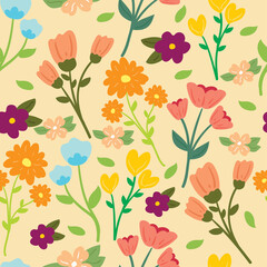 Seamless pattern with cute cartoon flowers and leaves for fabric print, textile, gift wrapping paper. colorful vector for textile, flat style