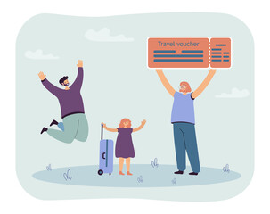 Mother holding travel voucher for family. Happy father jumping, daughter with packed suitcase flat vector illustration. Traveling, vacation, family concept for banner, website design or landing page
