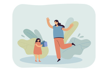 Daughter giving present to happy mother. Little girl holding gift box for woman flat vector illustration. Family, relationship, celebration concept for banner, website design or landing web page