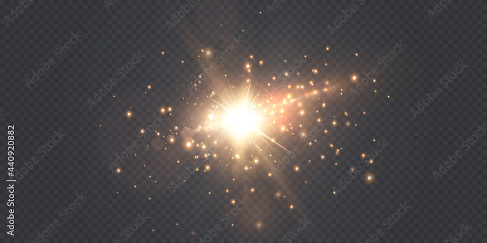 Aufkleber Light rays of light horizontal golden color with glare and flashes isolated on a transparent background. Light star gold png. Light sun gold png. Light flash gold png. Powder png.