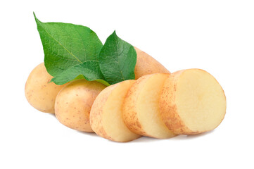 Fresh new potatoes with green leaves cut into slices on a white isolated background.