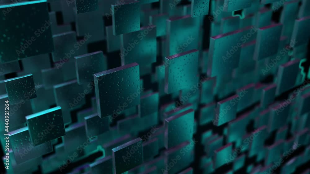 Poster Futuristic 3d render of construction square design tiles hanging in zero gravity. Geometric mosaic with decorative ceramic highlights. Abstract gradient wall in outer space.