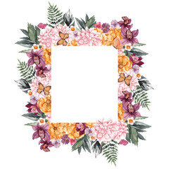 Obraz premium Watercolor frame with tropical frame, pretty flowers, mushroom and cactus, isolated on white background