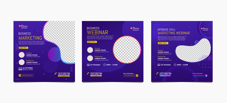 Set of webinar business for social media post. Modern poster, brochure digital banner template on square size