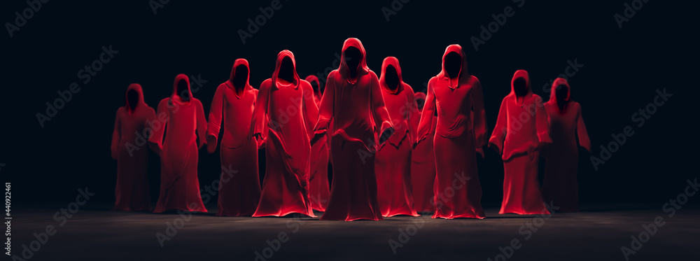 Wall mural 3d rendering, illustration of several red hooded figures in a dark background - Wall murals