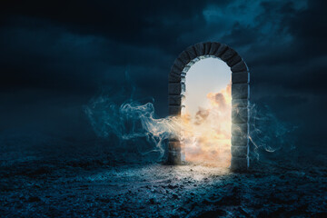 3D Rendering, illustration of a stone archway opening to heaven or the afterlife - obrazy, fototapety, plakaty