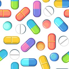 Medicines seamless pattern. Illustration with pills. Concurrency. Medicinal drugs. Pharmaceuticals. Ambulance. Pharmacy. Flat design. Vector