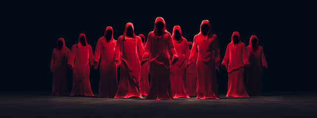 3D Rendering, illustration of several red hooded figures in a dark background - obrazy, fototapety, plakaty
