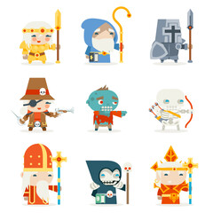 Set fantasy rpg game heroes villains character minions vector icons design flat vector illustration