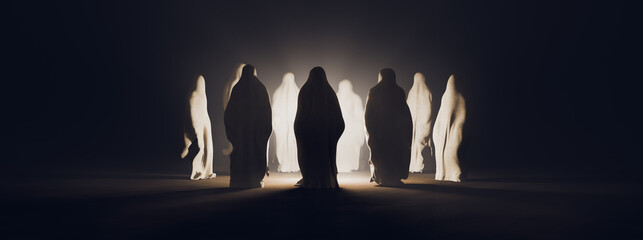 3D Rendering, illustration of several ghostly figures in a dark background