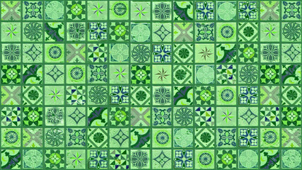 Green abstractt vintage retro geometric square mosaic damask arabesque motif cement tiles texture...
