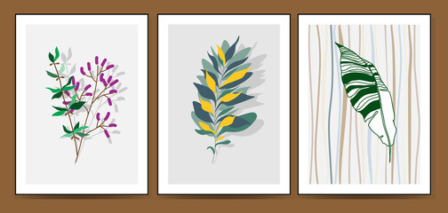 Set of minimalism botanical vector illustration as abstraction composition with leaves. ideal for art gallery. modern wall art poster. minimal interior design