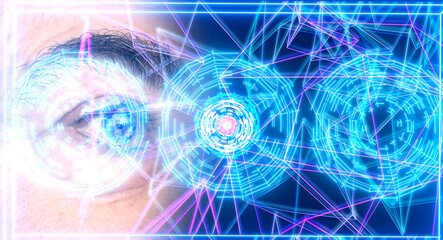 Obraz premium Human eye on the background of Sci-fi environment with HUD. The concept of artificial intelligence and face recognassance