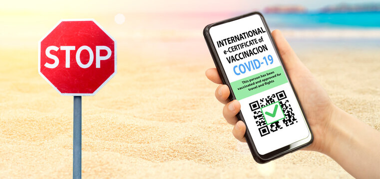 Coronavirus vaccination certificate or vaccine passport for travellers concept. COVID-19 immunity e-passport in the smartphone mobile app for international travelling. Summer travel beach background - Powered by Adobe
