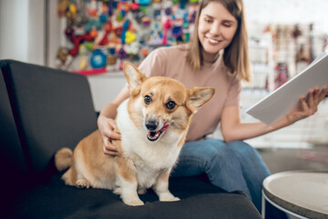 Pretty young girl with a dog next to her in a pet shop