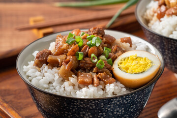 Braised meat over cooked rice, famous and delicious street food in Taiwan.