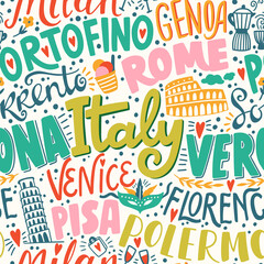 Around the World. ITALY vector lettering seamless pattern. Country and major cities. Vector illustration