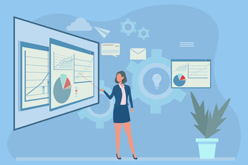 Business lady conducts coaching, analyzing growth charts