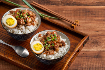 Braised meat over cooked rice, famous and delicious street food in Taiwan.