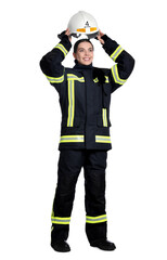 Full length portrait of firefighter in uniform wearing helmet on white background