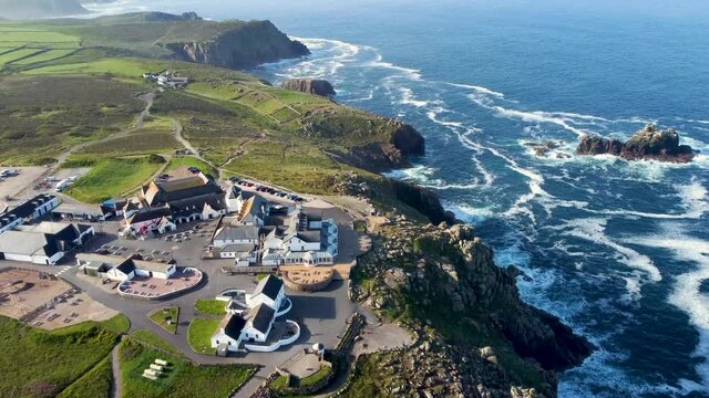 4K Drone footage of Lands End tourist attraction in Cornwall, England