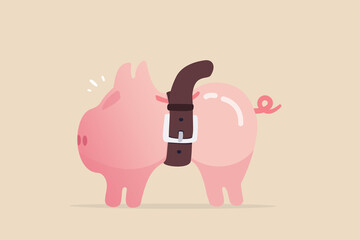 Tighten belt to reduce budget or spending, financial crisis or economic slow down, keep cost and expense low to survive, pink piggybank tighten belt on his belly metaphor of saving cost. - obrazy, fototapety, plakaty