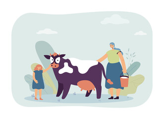 Mother and daughter milking cow. Woman with bucket of milk, girl stroking domestic animal with udder flat vector illustration. Agriculture, dairy concept for banner, website design or landing web page