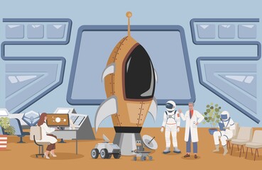 Launch rocket center with cosmonaut in space suit vector flat illustration. Engineer and scientist preparing astronaut to space flight in space ship. Space exploring mission concept.