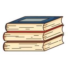 A stack of books. Reading, learning. Cozy home. Design element with outline. Doodle, hand-drawn. Flat design. Color vector illustration. Isolated on a white background.